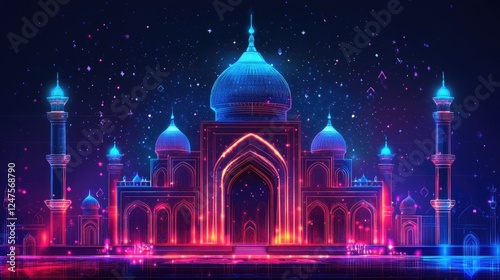 Neon Mosque Against a Starry Night Sky, Modern Architectural Marvel
