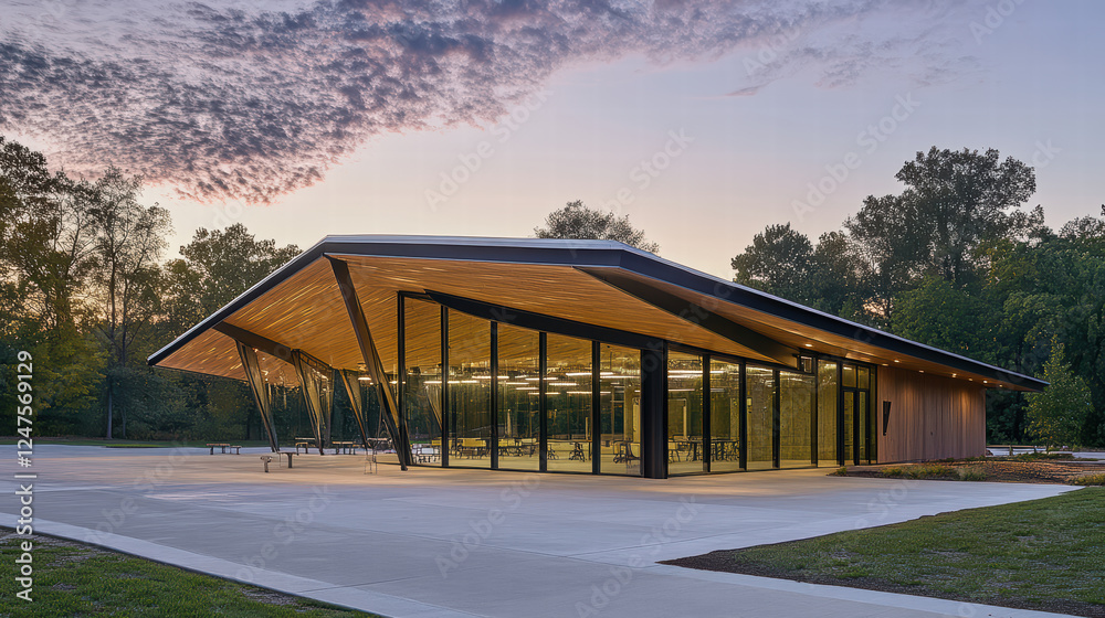 Innovative structural design for community center with modern aesthetic, featuring large glass windows and unique roofline, surrounded by nature at sunset Innovative structural design for community center with modern aesthetic, featuring large glass windows and unique roofline, surrounded by nature at sunset