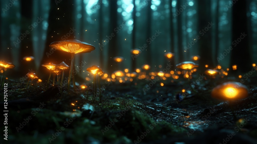 Naklejka premium An enchanting landscape filled with glowing mushrooms, nestled within a lush forest, evoking a magical, surreal atmosphere that inspires wonder and imagination.