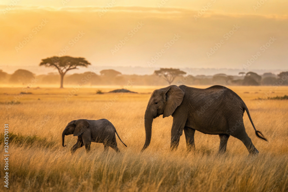 Obraz premium Wildlife extinction protection. National Wildlife Day. Wildlife image of an elephant mother and baby walking together, highlighting conservation themes for National Wildlife Day.