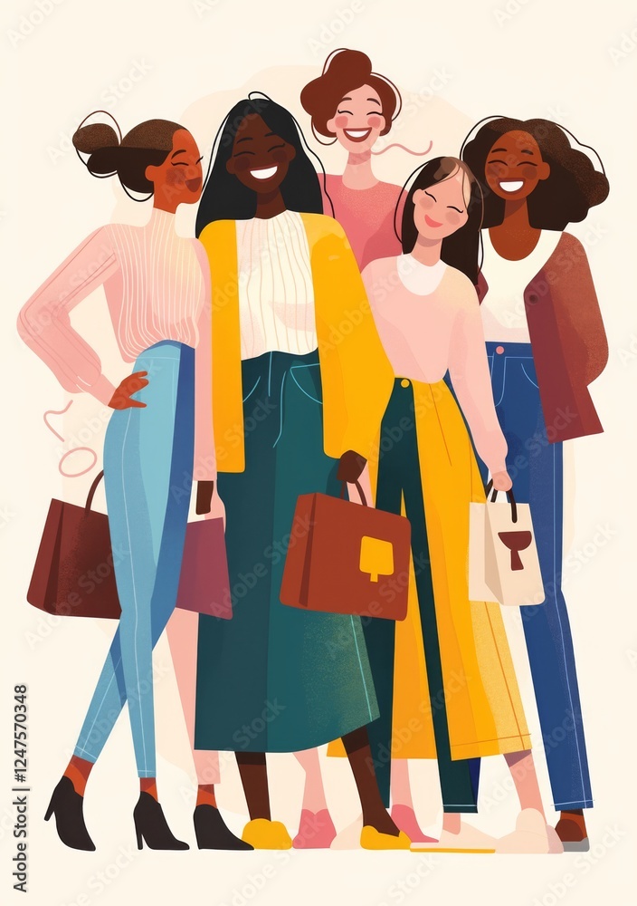 diverse women standing and smiling, each carrying their work bags while wearing blue jeans and pink sweaters. diverse women standing and smiling, each carrying their work bags while wearing blue jeans and pink sweaters.
