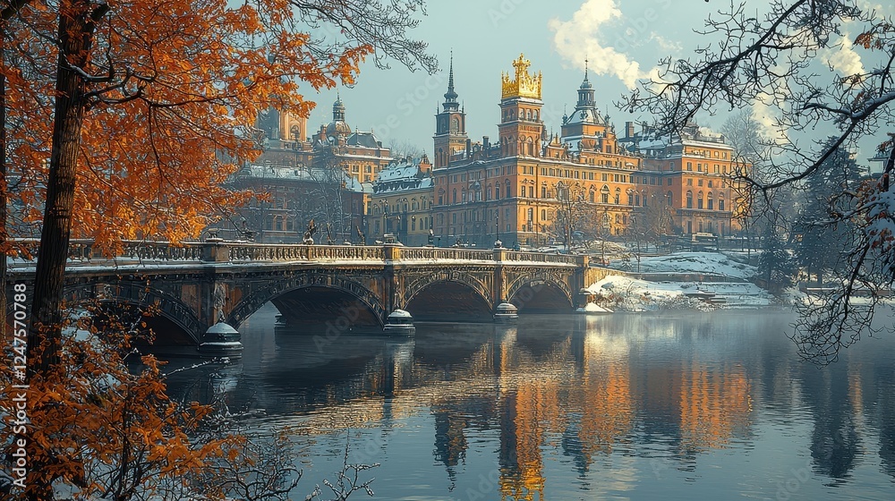 A picturesque winter scene featuring a historic building and a bridge. A picturesque winter scene featuring a historic building and a bridge.
