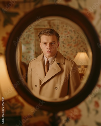 Young man in a stylish brown coat looking sternly into the mirror, with vintage floral wallpaper and warm lighting