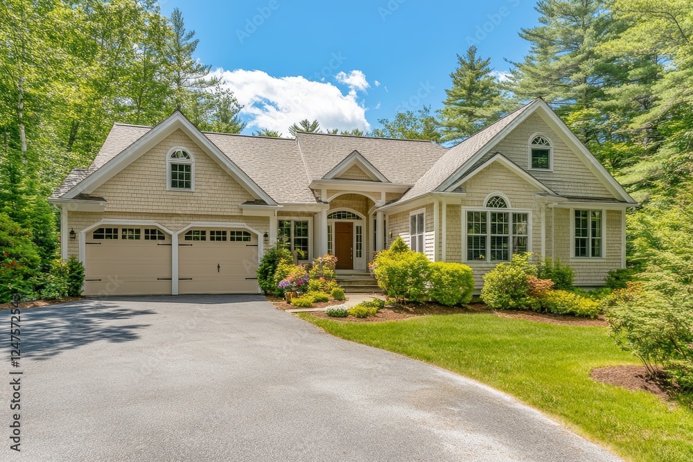A modern ranch-style residence in the country, distinguished by its gabled roof and front porch. A modern ranch-style residence in the country, distinguished by its gabled roof and front porch.