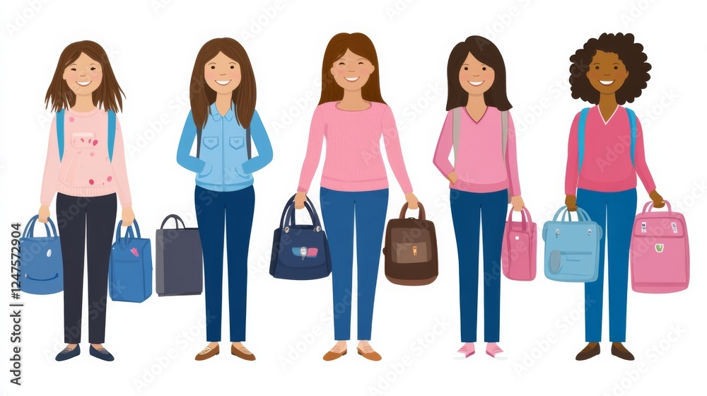 Fototapeta premium diverse women standing and smiling, each carrying their work bags while wearing blue jeans and pink sweaters. 
