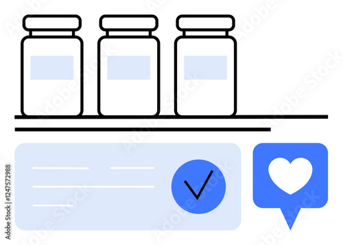 Three jars on a shelf, approval checkmark in a blue box, and heart symbol in a speech bubble. Ideal for product reviews, digital marketing, social media engagement, e-commerce, quality approval