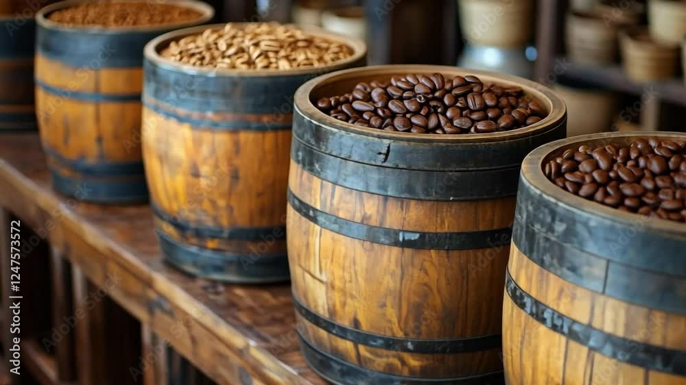 Coffee Bean Barrels: Aromatic coffee beans fill rustic wooden barrels, creating a captivating display of rich, dark and light roasted beans. Coffee Bean Barrels: Aromatic coffee beans fill rustic wooden barrels, creating a captivating display of rich, dark and light roasted beans.