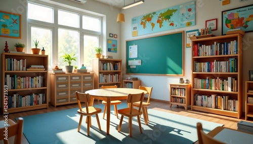 Wallpaper Mural Bright classroom setting. Sunny day. Round table with chairs. Bookshelves full of books. Chalkboard. Plants, learning materials. Collaborative space designed for students. Ideal for teaching Torontodigital.ca