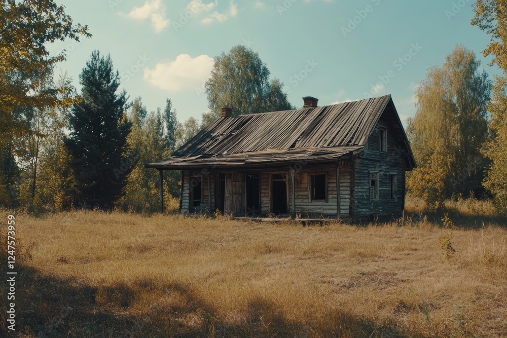 Fototapeta premium A desolate 19th-century house stands isolated in a rolling countryside during summer. Shadows grow as the evening deepens, creating an unsettling atmosphere. Scene rendered.