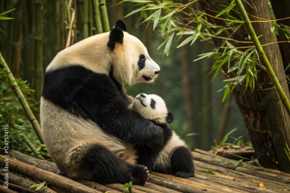 Obraz premium Wildlife extinction protection. National Wildlife Day. Panda mother cradling her cub, symbolizing wildlife protection on National Wildlife Day, high fidelity image.