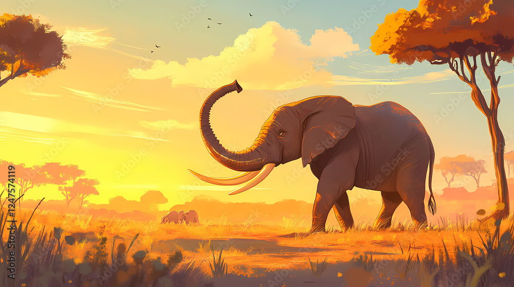 Fototapeta premium An gigantic tusk is displayed by a gorgeous african elephant standing in a sunlit savannah. Gigantic Creatures. Illustration