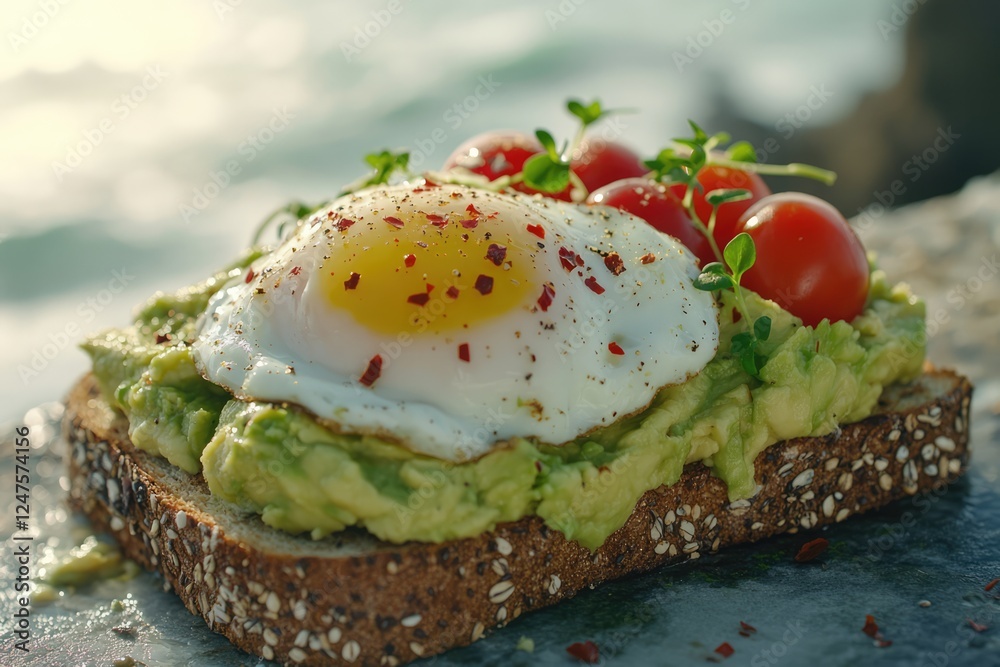 Healthy avocado toast topped with a perfectly fried egg, cherry tomatoes, and microgreens, seasoned with chili flakes for extra flavor.