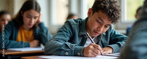 Students take educational admission test in classroom. Focused on exams. Concentrated students in university classroom. Students writing answers in school. Education, world literacy day theme.