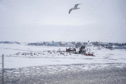winter landscape with islands and iced sea in Stockholm Sweden