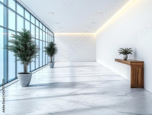Modern Office Corridor Design  Plants Enhance Minimalist Marble Interior  Bright Sunlight