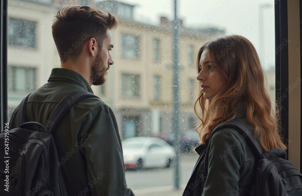 Obraz premium Two young students stand at bus stop waiting for transport to university. Look thoughtfully outside. Sustainable urban lifestyle concept. Waiting for public transit vehicle. Appear to in urban