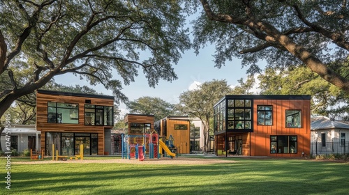 The backyard of the ranch home is inviting, with a large, custom-built playhouse for kids that aligns perfectly with the home’s architectural features.