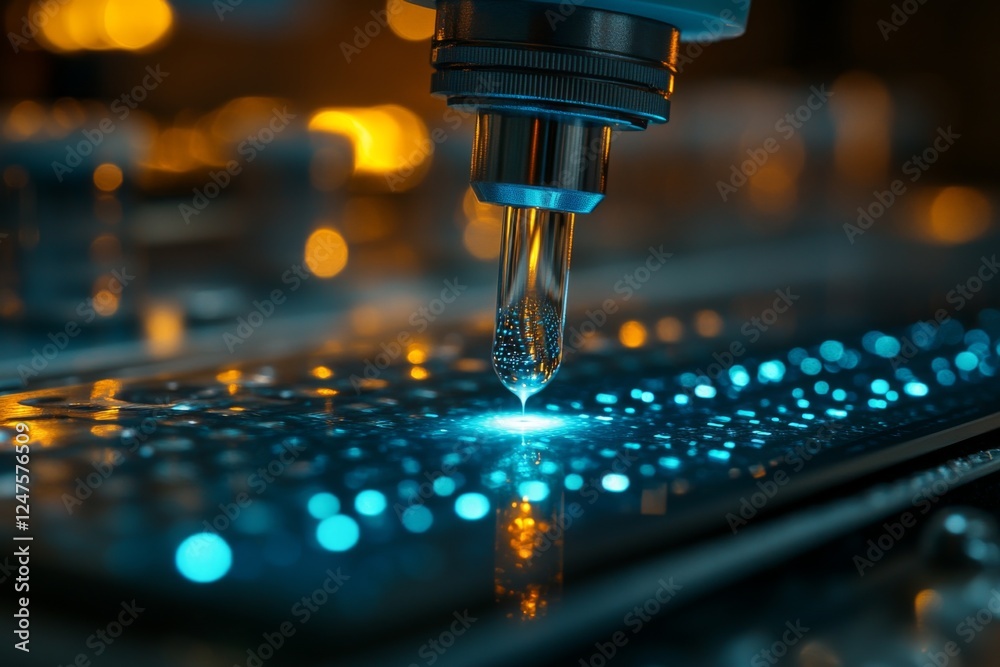 Closeup of a robotic assembly line with glowing blue lights Closeup of a robotic assembly line with glowing blue lights