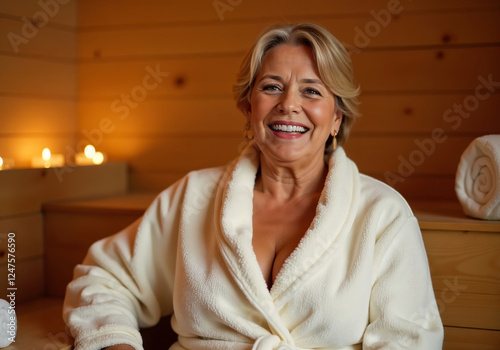 woman in a white fluffy robe sits in a wooden sauna, her face beaming with happiness. Glowing candles create a warm and inviting atmosphere, perfect for relaxation