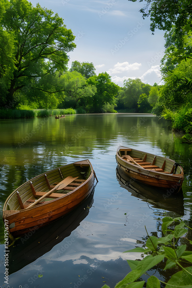 Idyllic Serenity: Punt Boats gently Floating on a Tranquil Lake Surrounded by Nature's Beauty Idyllic Serenity: Punt Boats gently Floating on a Tranquil Lake Surrounded by Nature's Beauty