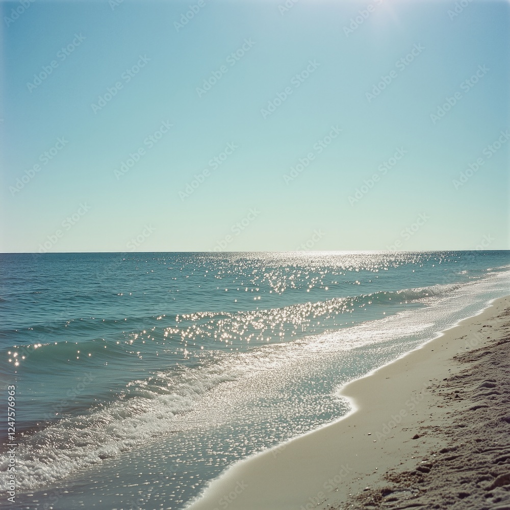 Sparkling sunshine on tranquil ocean waves at serene sandy beach Sparkling sunshine on tranquil ocean waves at serene sandy beach