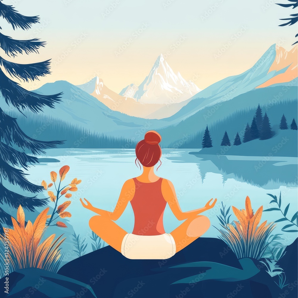 Woman meditates in lotus pose overlooking serene mountain lake landscape at sunrise. Woman meditates in lotus pose overlooking serene mountain lake landscape at sunrise.