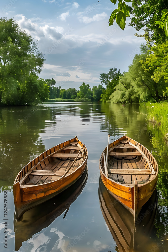 Fototapeta premium Idyllic Serenity: Punt Boats gently Floating on a Tranquil Lake Surrounded by Nature's Beauty