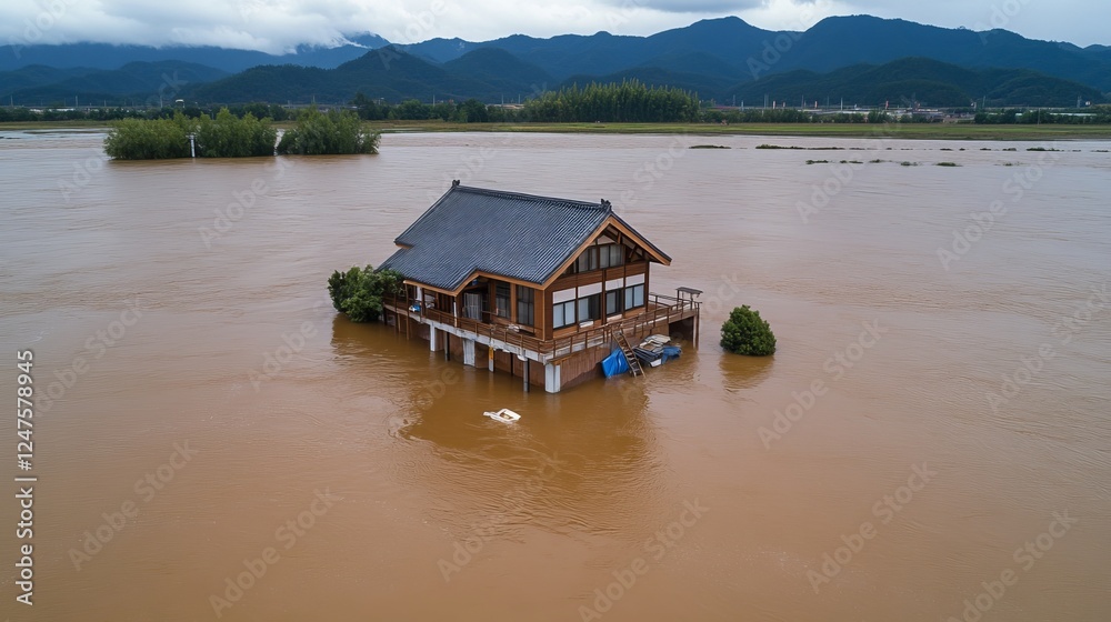 A flooded landscape features a ranch-style house buried beneath muddy waters, enveloped in nature. A flooded landscape features a ranch-style house buried beneath muddy waters, enveloped in nature.
