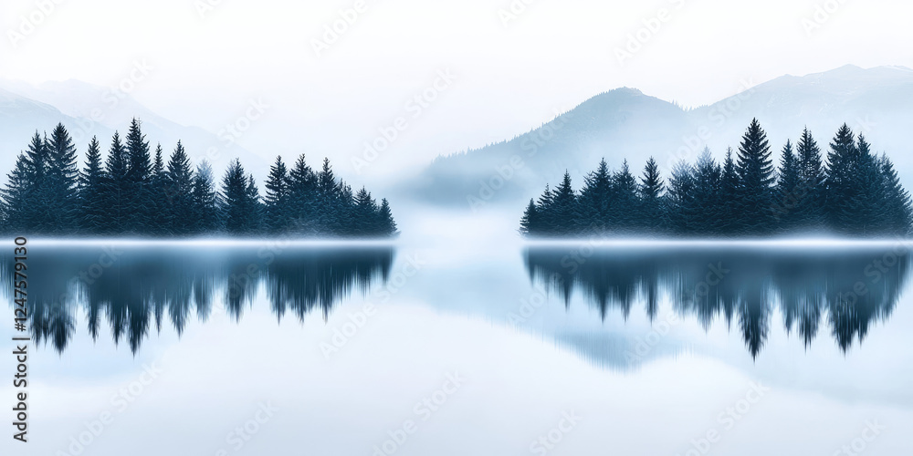 Fototapeta premium Picturesque tranquil landscape with lake, mountains, spruce trees and misty haze