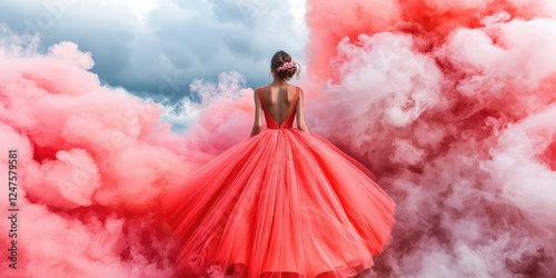 Woman in a gorgeous evening puffy dress surrounded by colored smoke. Using colored smoke torches for party. Party dress for rent