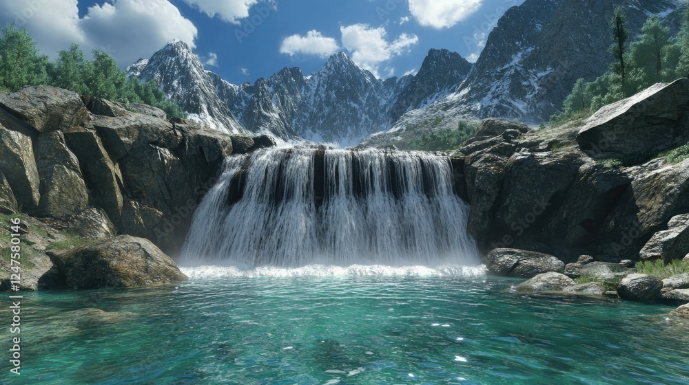 Fototapeta premium Serene Mountain Waterfall Landscape: A Breathtaking View of Nature's Majesty