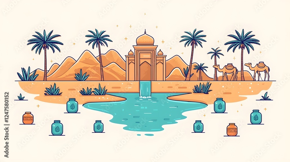 Obraz premium Majestic Desert Oasis with Ornate Mosque and Camel Caravan at Sunset