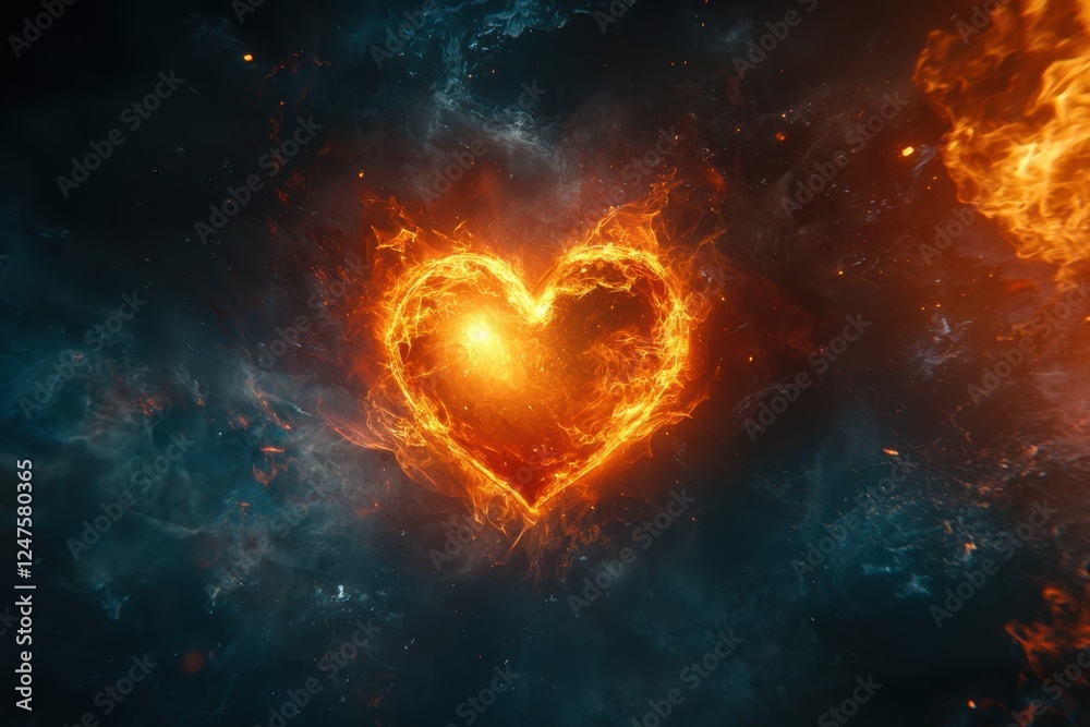 Fiery cosmic heart glowing with intense flames in the vast universe. Fiery cosmic heart glowing with intense flames in the vast universe.