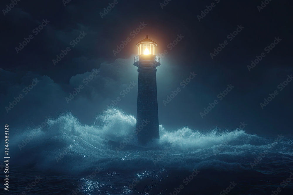 Lighthouse in the Stormy Ocean at Night Lighthouse in the Stormy Ocean at Night