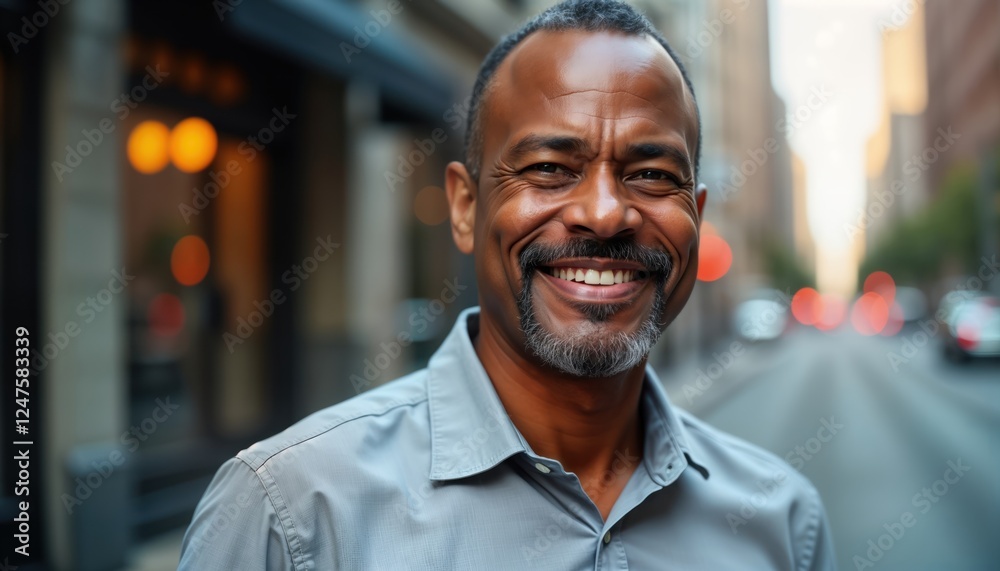 Fototapeta premium Middle-aged African American man smiles happily on city street. Close-up portrait shows confident mature businessman outdoors. Successful person looks directly at camera. Urban setting. Positive