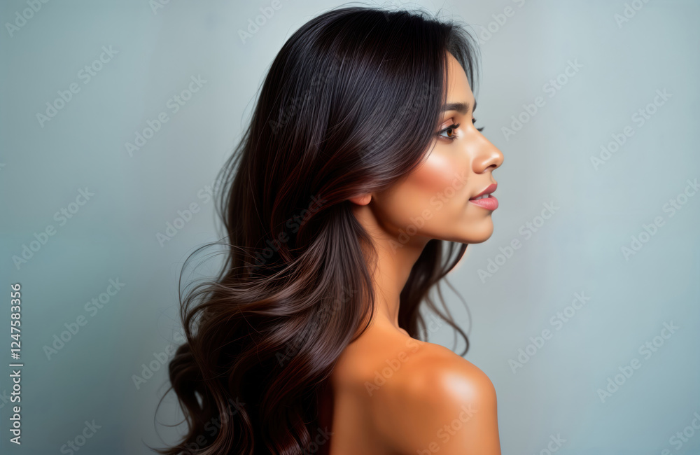 Beautiful brunette woman with long shiny hair. Profile portrait on grey background. Model healthy looking skin, soft features. Fashionable hair style. Great for beauty salon, hair care products, Beautiful brunette woman with long shiny hair. Profile portrait on grey background. Model healthy looking skin, soft features. Fashionable hair style. Great for beauty salon, hair care products,