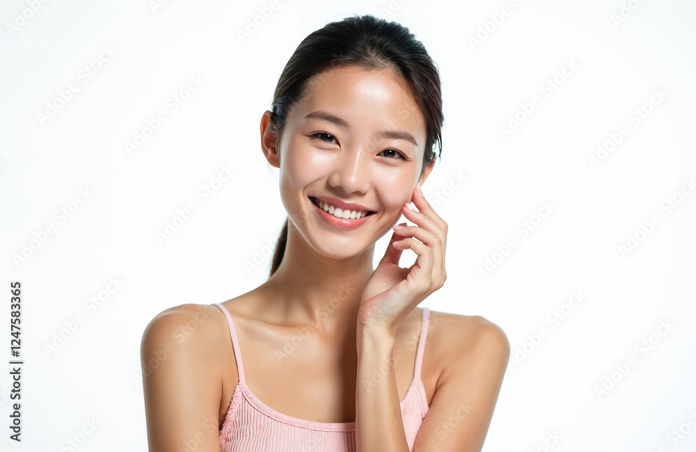 Young Asian woman smiles warmly. Clean fresh skin. Studio shot on white background. Expression natural, elegant. Wears simple pink top. Focus on beautiful face, skin. Cosmetology, beauty concepts Young Asian woman smiles warmly. Clean fresh skin. Studio shot on white background. Expression natural, elegant. Wears simple pink top. Focus on beautiful face, skin. Cosmetology, beauty concepts