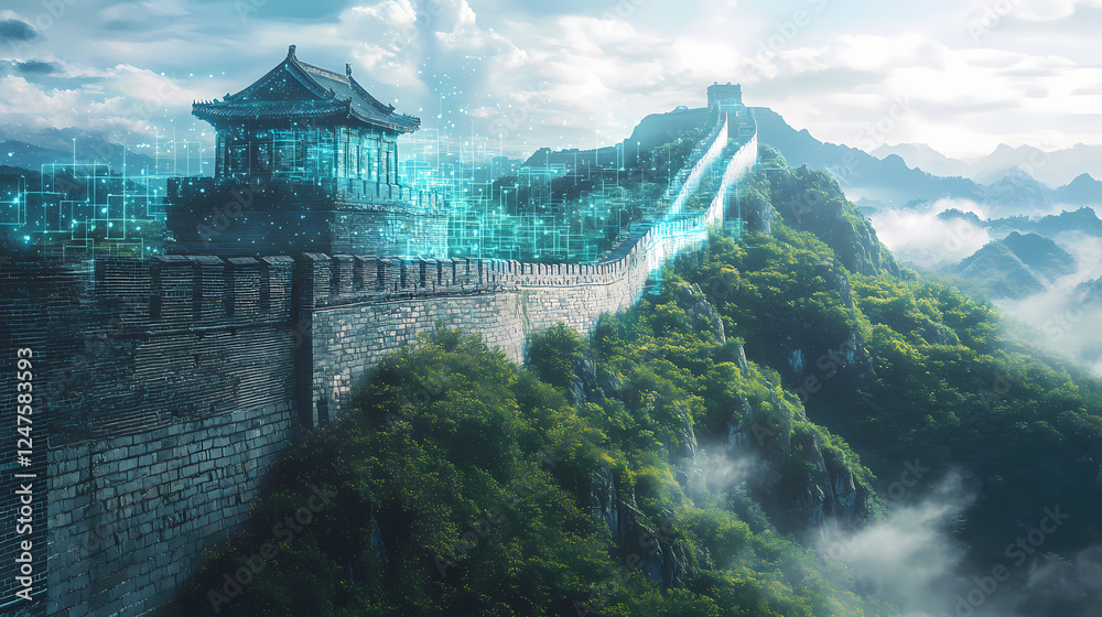Fototapeta premium A historical event reimagined through the lens of cybersecurity, like the building of a digital great wall. Fairy Tale Reimagining. Illustration