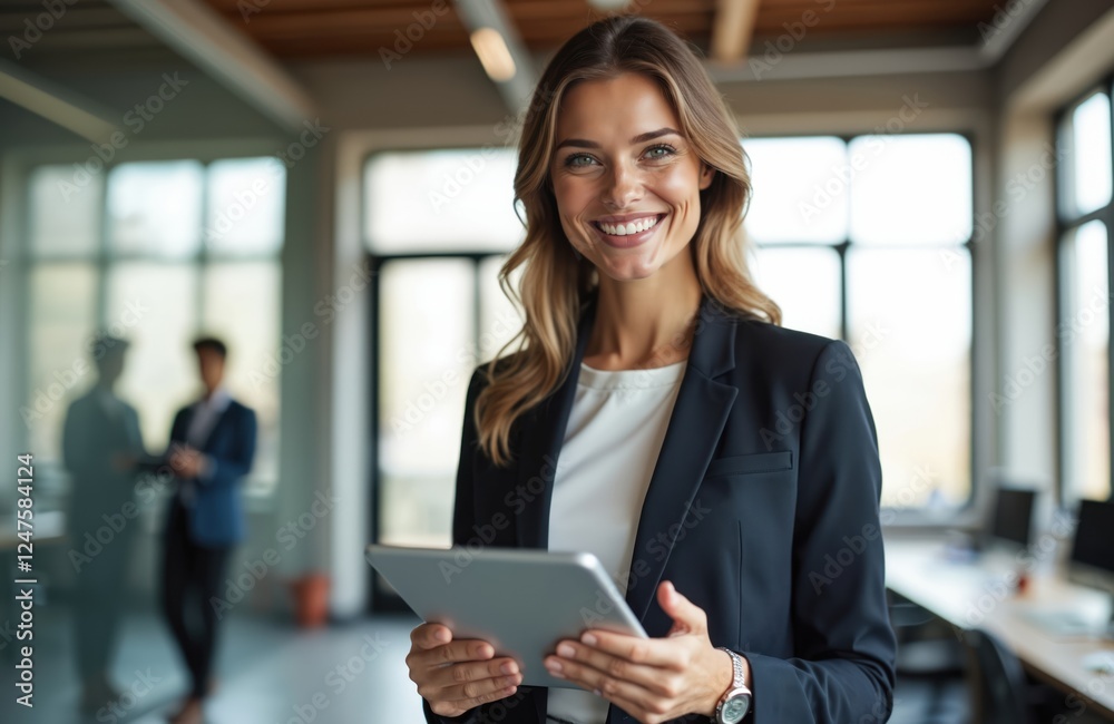 Smiling businesswoman holds tablet. Modern office. Successful female entrepreneur. Positive corporate person uses digital tech. Contemporary workspace. Confident professional. Happy employee. Smart Smiling businesswoman holds tablet. Modern office. Successful female entrepreneur. Positive corporate person uses digital tech. Contemporary workspace. Confident professional. Happy employee. Smart