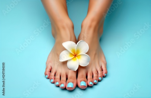 Woman feet with light blue nail polish on light blue background. Plumeria flower sits gently on top. Perfect for beauty salon concept or spa. Image features trendy look. Care and beauty parlour ideas.