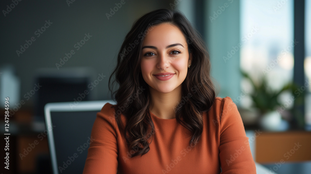 confident woman in office setting, smiling warmly at camera. confident woman in office setting, smiling warmly at camera.