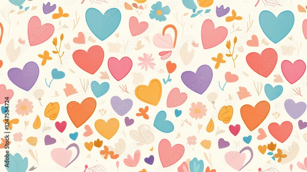 Cute seamless pattern with colorful hand drawn hearts. Valentine's Day, Mother's Day and Women's Day. Cute seamless pattern with colorful hand drawn hearts. Valentine's Day, Mother's Day and Women's Day.