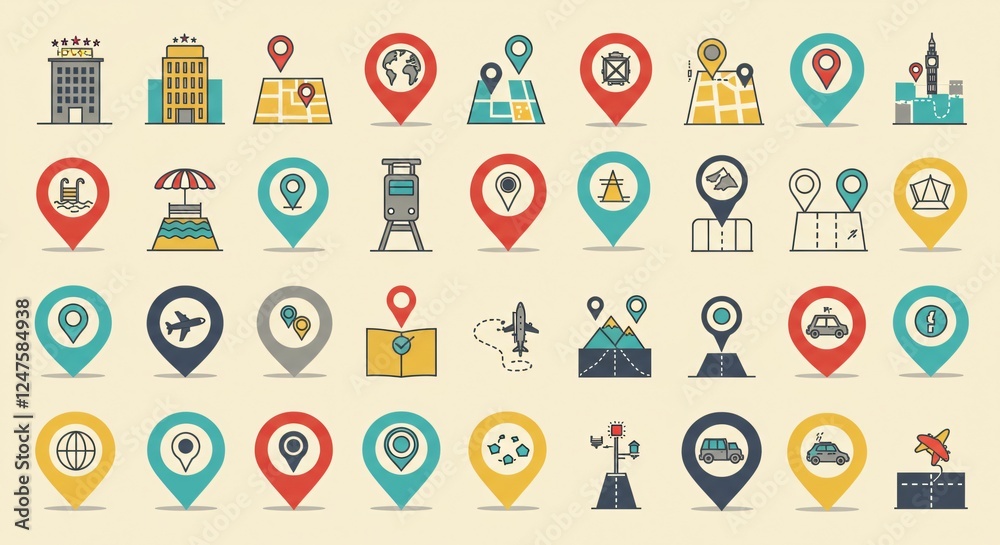 Flat-style location pins and map icons for travel or navigation themes Flat-style location pins and map icons for travel or navigation themes