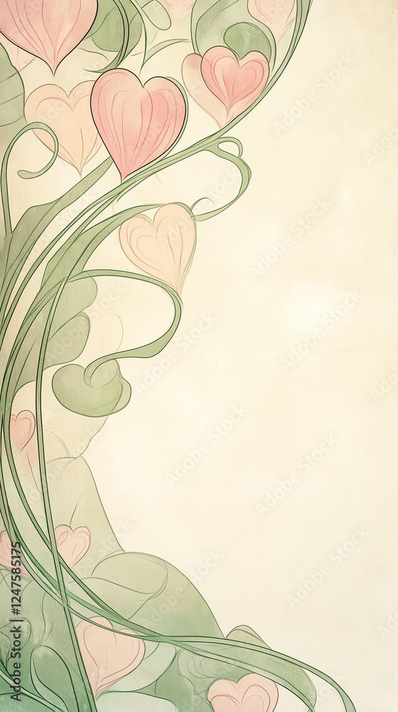 Vertical pink hearts and vines with copy space
