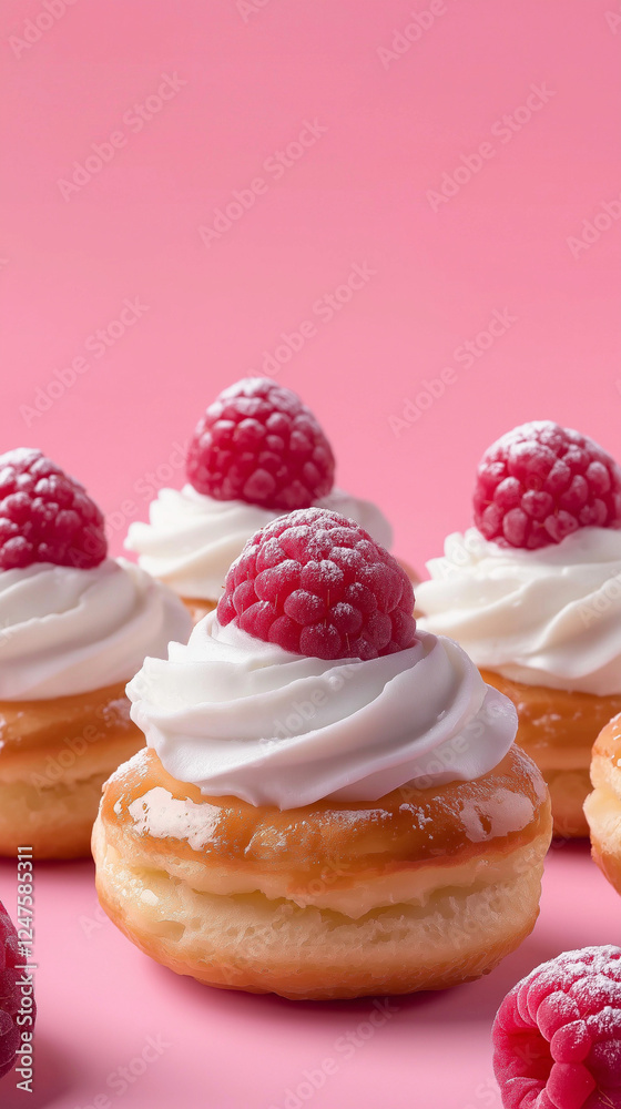 Cream puffs with whipped cream and raspberries vertical