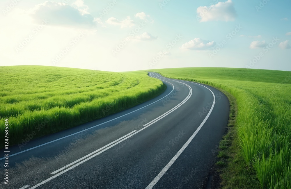 Fototapeta premium Scenic winding road through green field. Asphalt road curves through vibrant grassy field under bright sunlight. Peaceful rural landscape. Summer day. Empty road. Natural background. Countryside