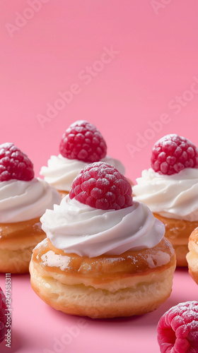 Obraz na płótnie Cream puffs with whipped cream and raspberries vertical w salonie