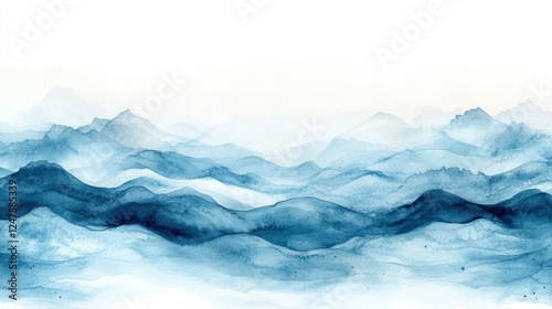 Wallpaper Mural Watercolor Mountainscape, Misty Blue Ranges, Horizon View, Peaceful Scenery Torontodigital.ca