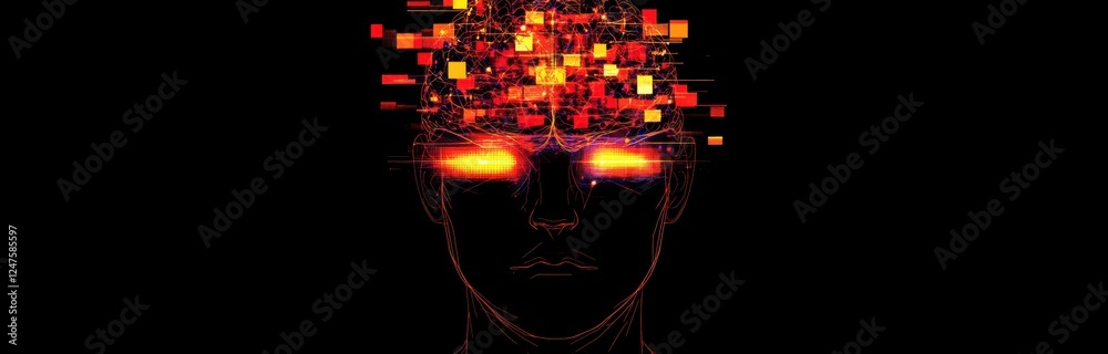 Fototapeta premium Abstract digital human head with glowing connections and a brain made of blocks on a black background Generative AI