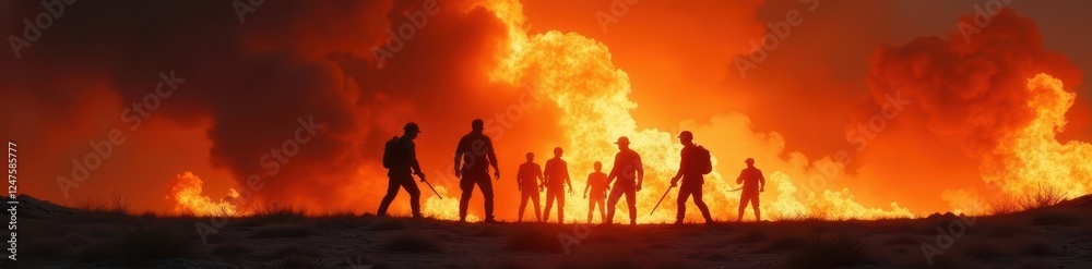 Black silhouettes against fire, brave figures combat fierce blaze, red, fire safety Black silhouettes against fire, brave figures combat fierce blaze, red, fire safety
